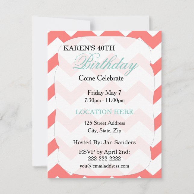 Invitación de cumpleaños a Chevron de Coral Verde  (Anverso)