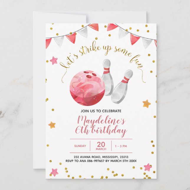 Invitación de cumpleaños a chica Bowling (Anverso)
