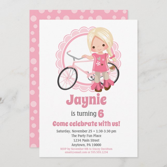 Invitación de cumpleaños a Chica de bicicleta rubi (Anverso / Reverso)