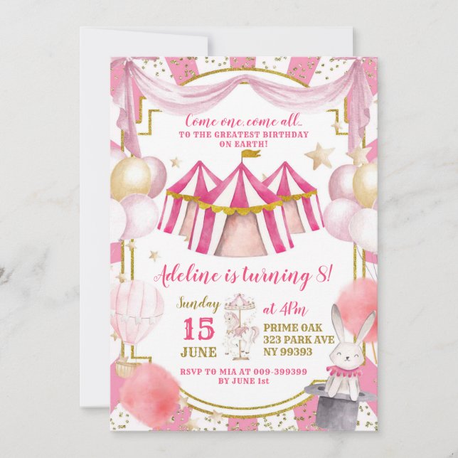 Invitación de cumpleaños a Chica de carrusel rosa  (Anverso)