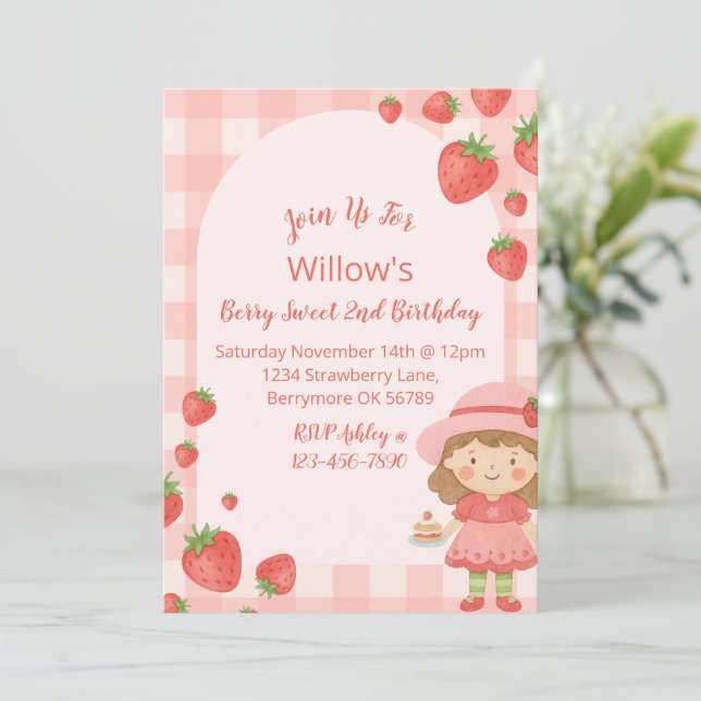 Invitación de cumpleaños a Chica de fresa | Rosa (Anverso de pie)