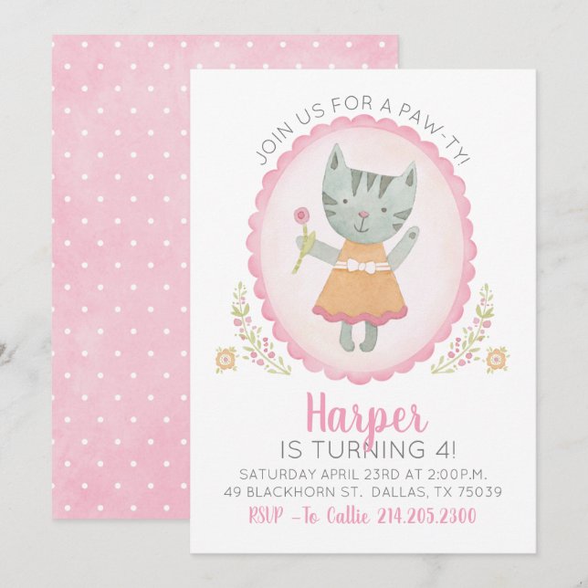 Invitación de cumpleaños a Chica de gato kittch ro (Anverso / Reverso)