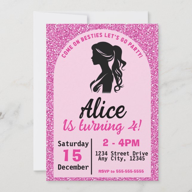 Invitación de cumpleaños a Chica de muñecas rosada (Anverso)