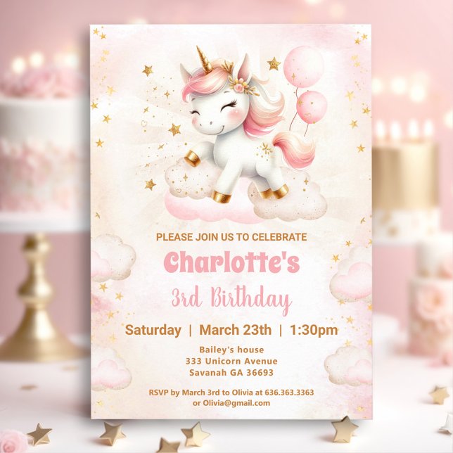 Invitación de cumpleaños a Chica de unicornio con  (Pink Cute Unicorn Girl Birthday Invitation)