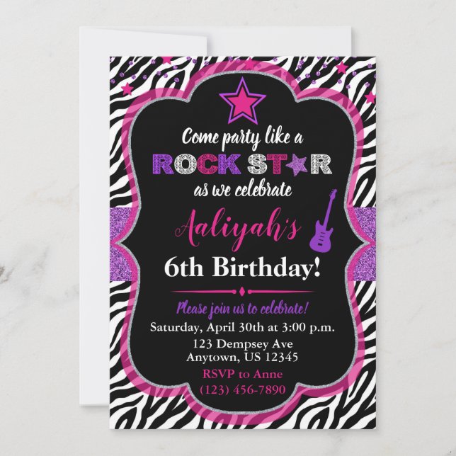 Invitación de cumpleaños a Chica estrella de rock  (Anverso)