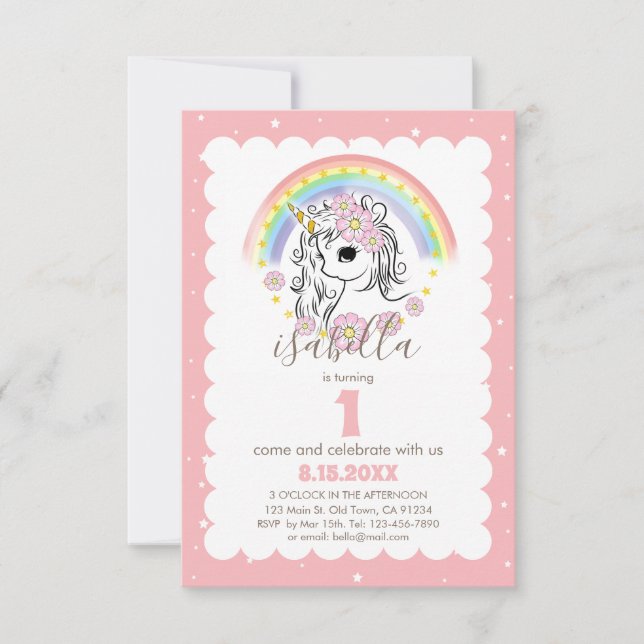 Invitación de cumpleaños a Chica pastel rosa de Un (Anverso)