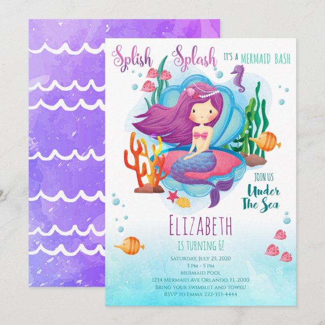 Invitación de cumpleaños a Chica Sirena (Anverso / Reverso)