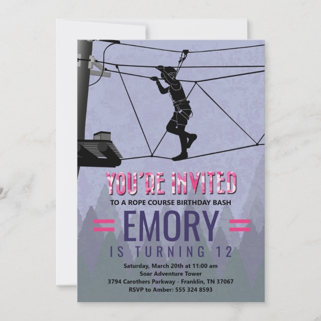 Invitación de cumpleaños a chica Zipline Ropes Cou (Anverso)