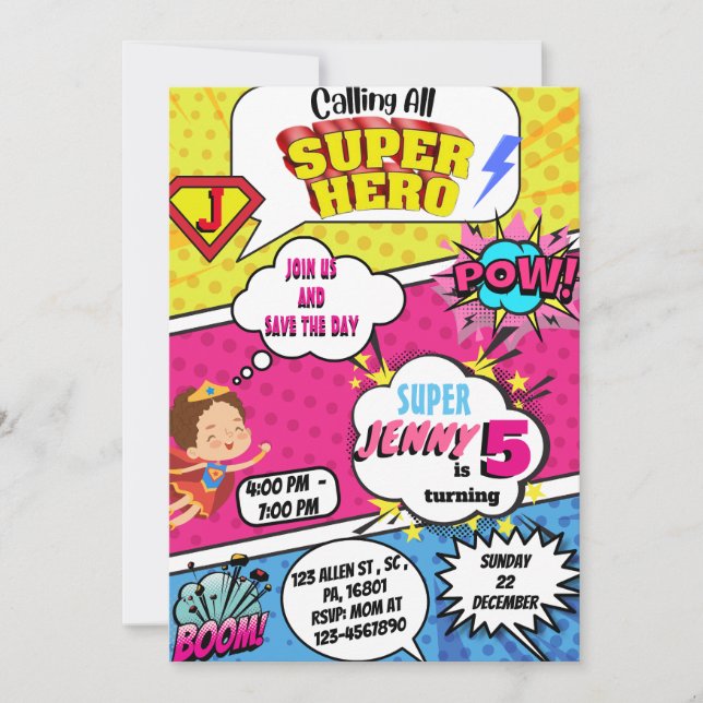 Invitación de cumpleaños a CHICAS de superhéroes c (Anverso)