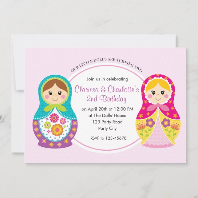 Invitación de cumpleaños a Chicas gemelos (Matryos (Anverso)