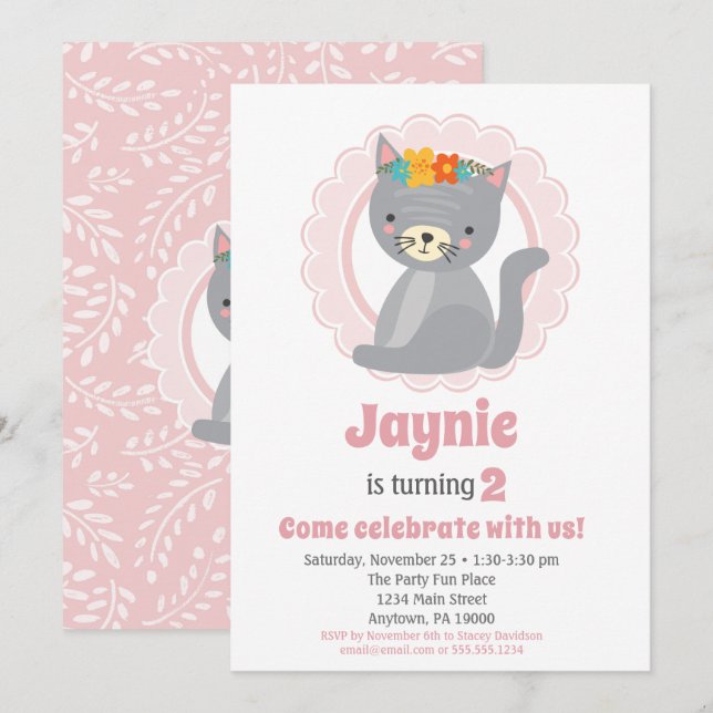 Invitación de cumpleaños a Chicas rosados de Gris  (Anverso / Reverso)