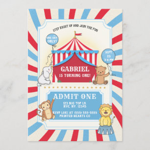 Invitación de cumpleaños a Circo Animal   Azul bla