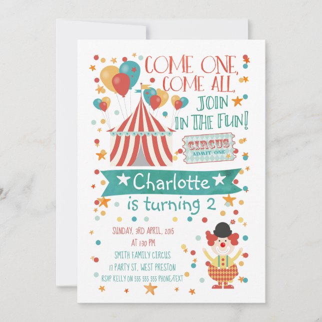 Invitación de cumpleaños a Circo neutral de género (Anverso)