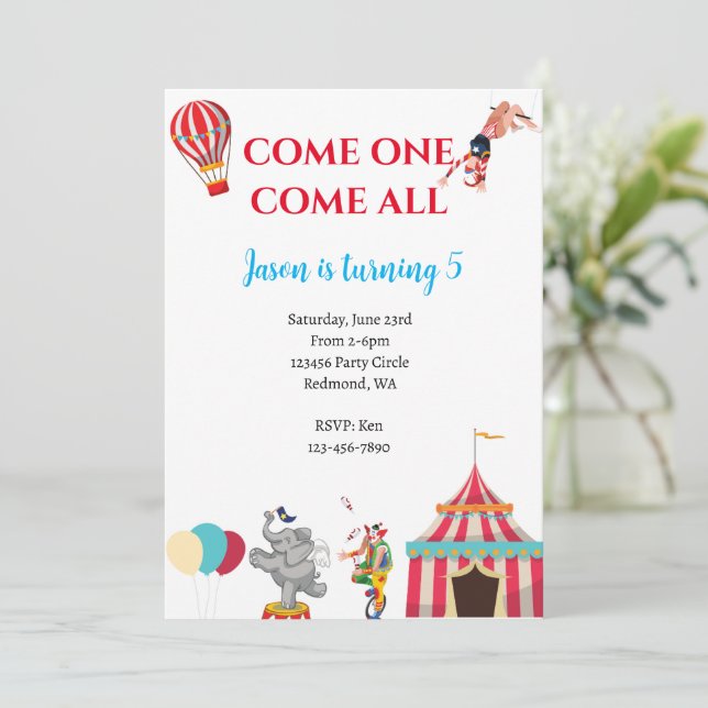 Invitación de cumpleaños a Circus | Invitación al  (Anverso de pie)
