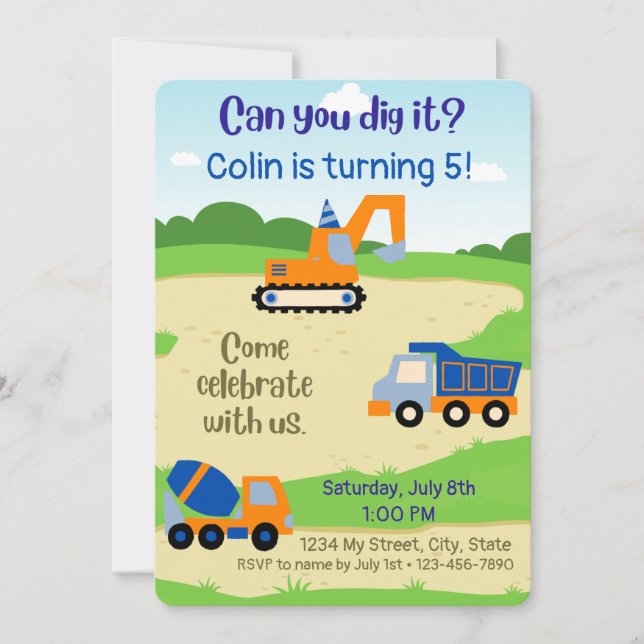 Invitación de cumpleaños a construcción de área de (Anverso)