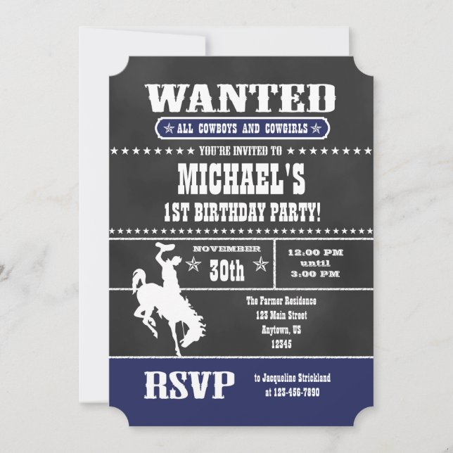 Invitación de cumpleaños a Cowboy de Navy Blue Cha (Anverso)