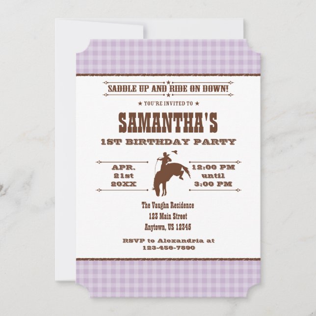 Invitación de cumpleaños a Cowboy Rodeo de Lavende (Anverso)