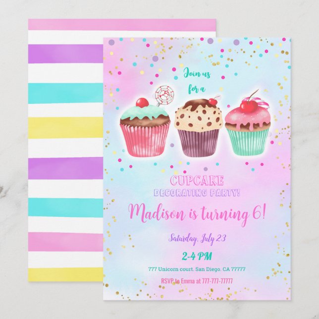 Invitación de cumpleaños a Cupakes Cute (Anverso / Reverso)