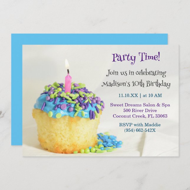 Invitación de cumpleaños a cupcake azul con globo  (Anverso / Reverso)