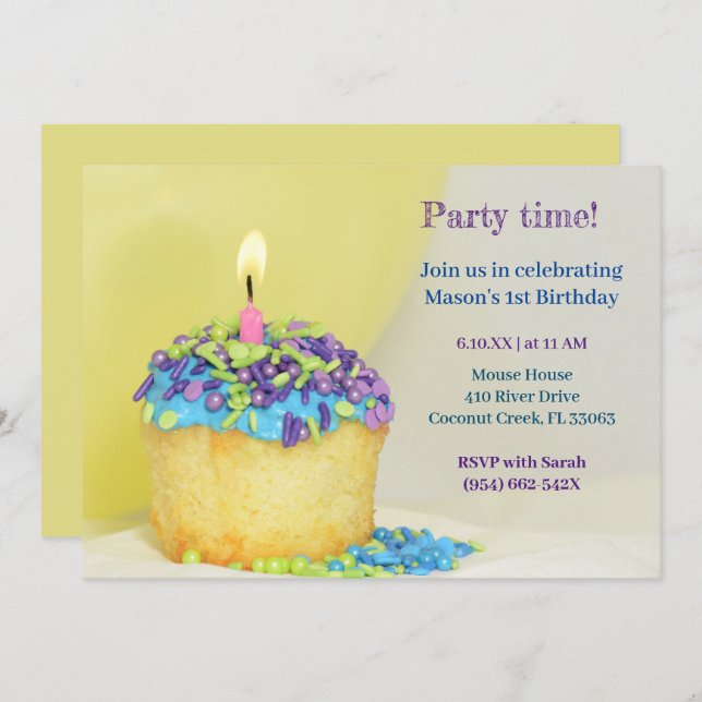 Invitación de cumpleaños a cupcake azul con globo  (Anverso / Reverso)