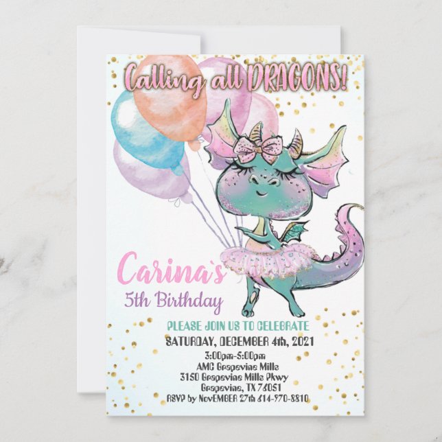 Invitación de cumpleaños a Cute Dragon (Anverso)