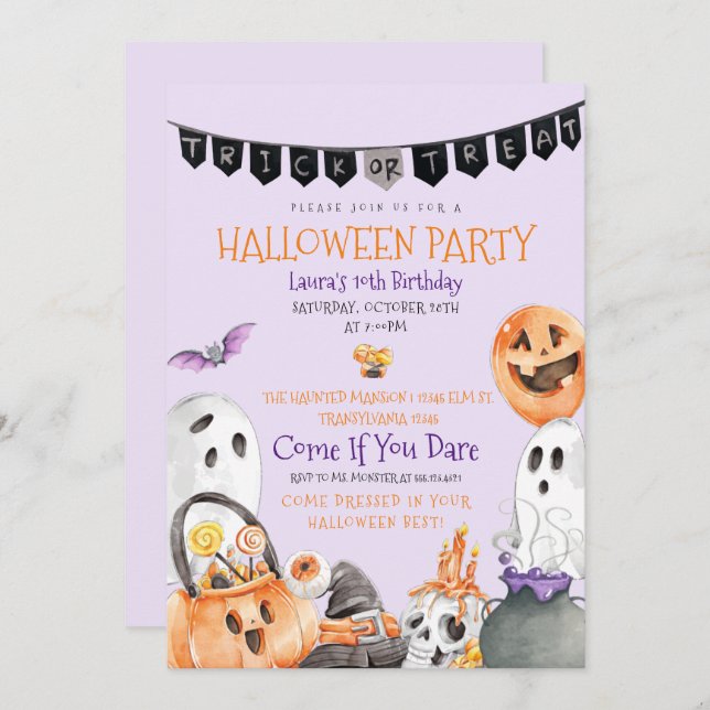 Invitación de cumpleaños a Cute Halloween (Anverso / Reverso)