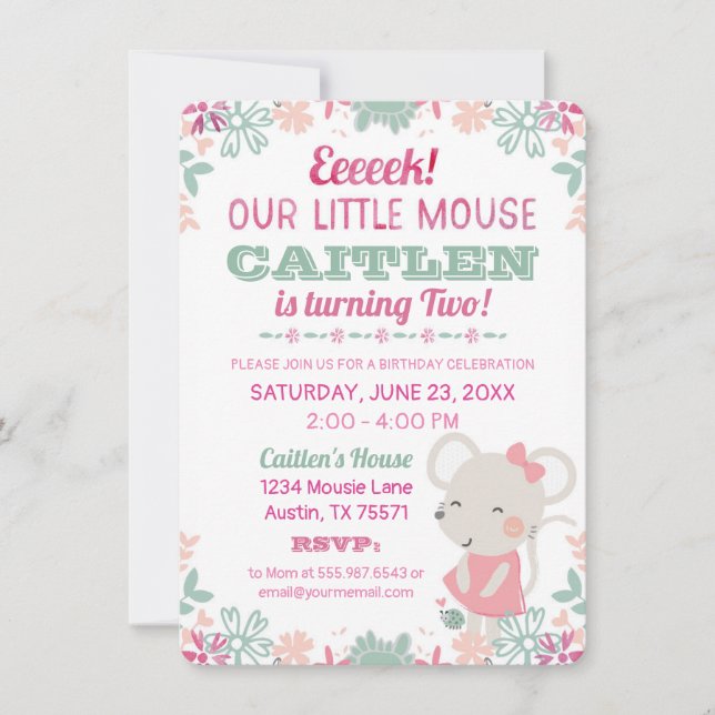 Invitación de cumpleaños a Cute Little Mouse Water (Anverso)
