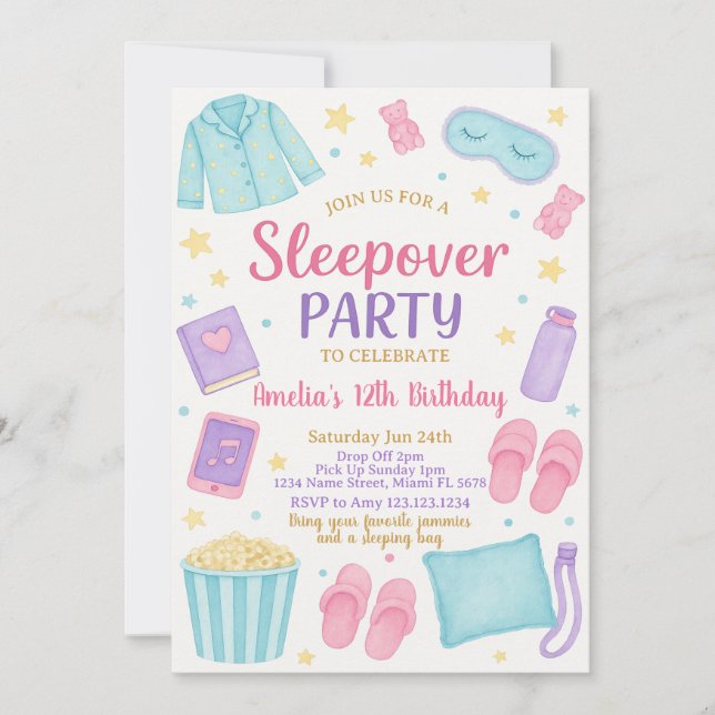 Invitación de cumpleaños a Cute Pastel Sleepover (Anverso)