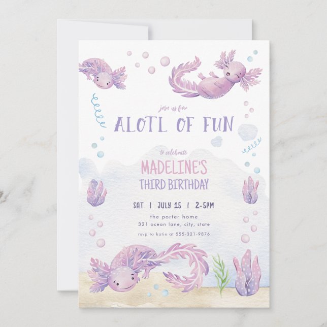 Invitación de cumpleaños a Cute Purple Axolotl (Anverso)