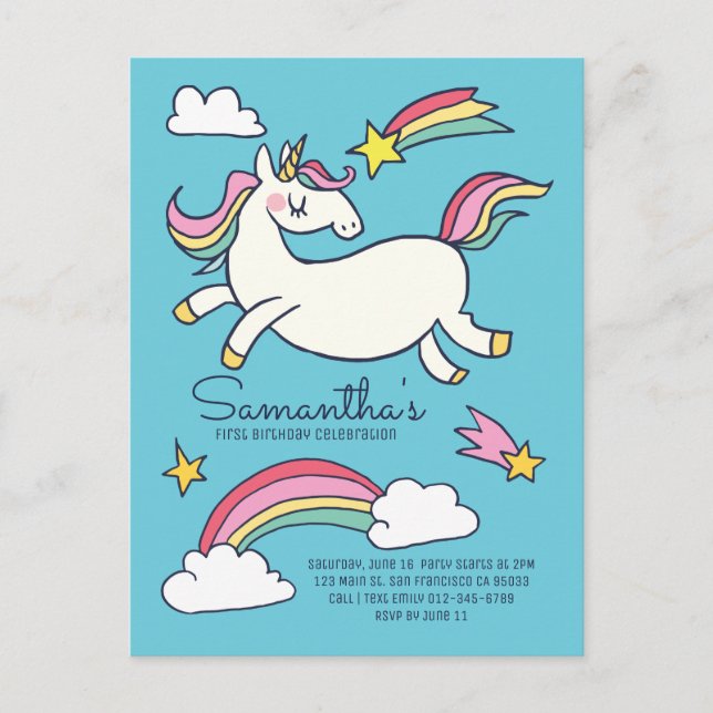 Invitación de cumpleaños a Cute Rainbow Unicorn St (Anverso)