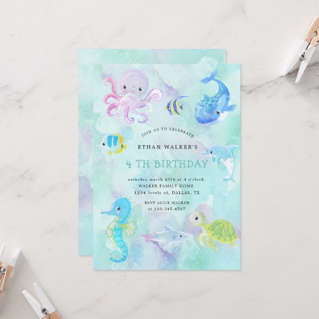 Invitación de cumpleaños a Cute Under Sea Watercol (Anverso/Reverso In Situ)