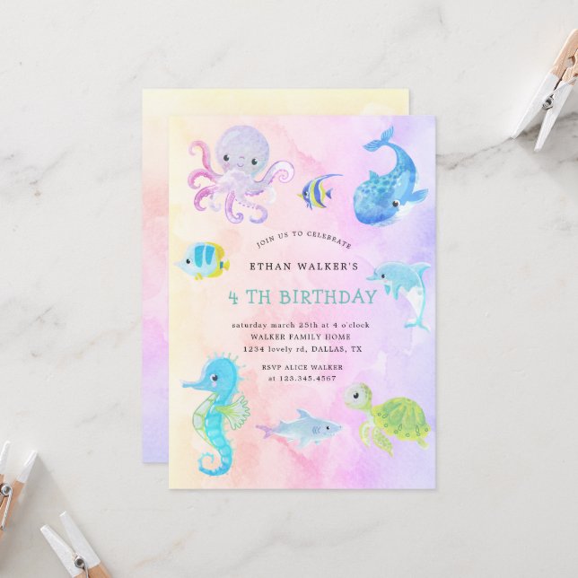 Invitación de cumpleaños a Cute Under Sea Watercol (Anverso/Reverso In Situ)