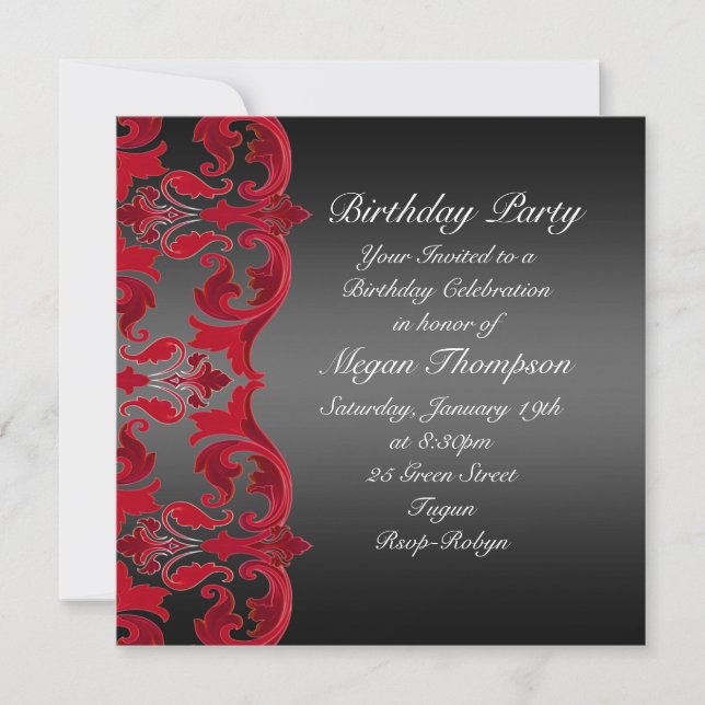 Invitación de cumpleaños a Damask de Red/Black Swi (Anverso)