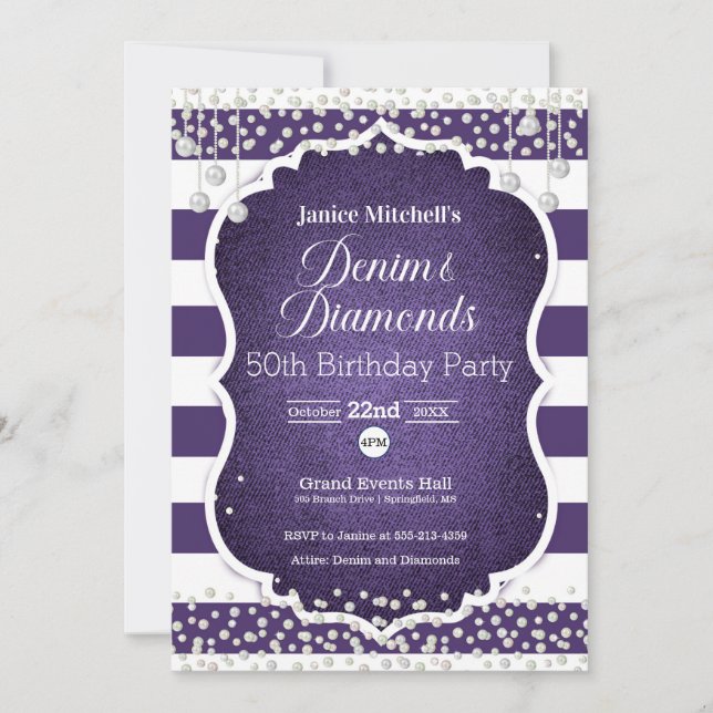 Invitación de cumpleaños a Denim y Diamantes Púrpu (Anverso)