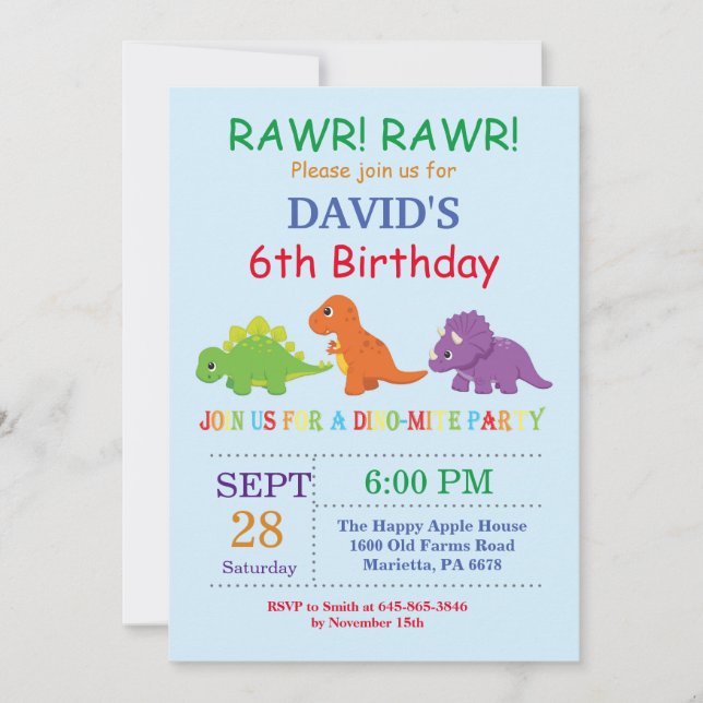 Invitación de cumpleaños a Dino Fiesta de dinosaur (Anverso)
