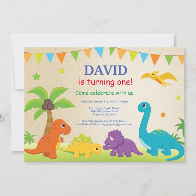 Invitación de cumpleaños a Dino Fiesta de dinosaur (Anverso)
