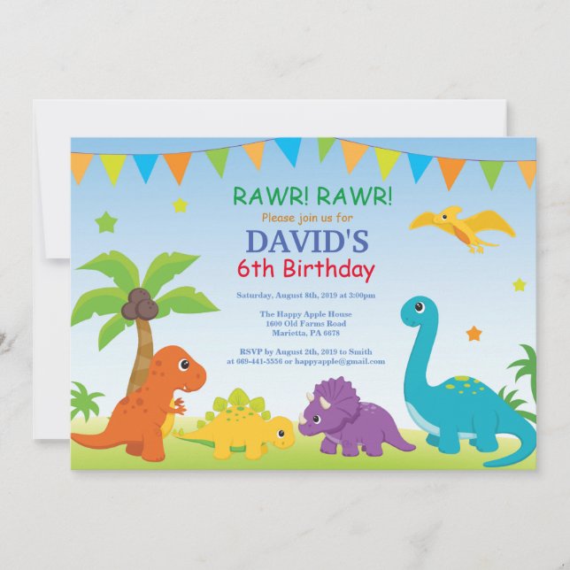 Invitación de cumpleaños a Dino Fiesta de dinosaur (Anverso)