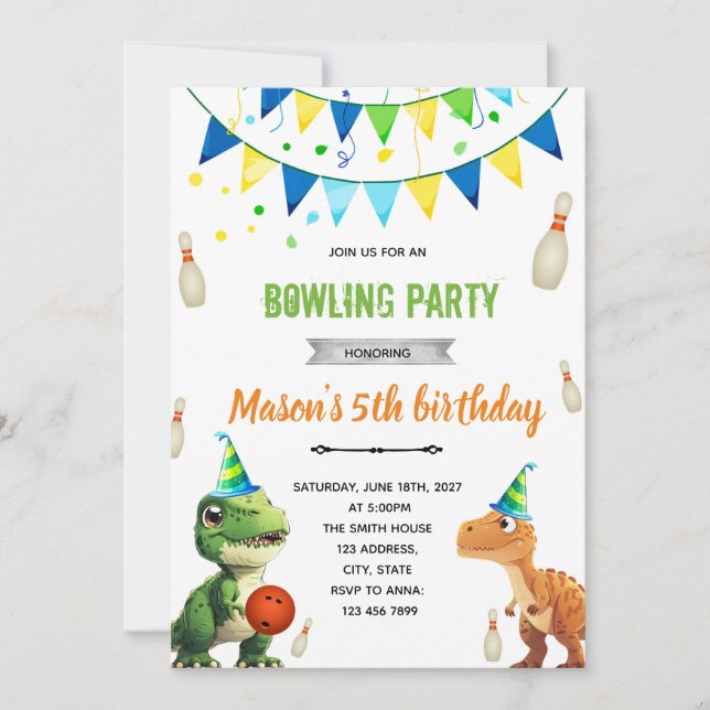 Invitación de cumpleaños a Dinosaur Bowling (Anverso)