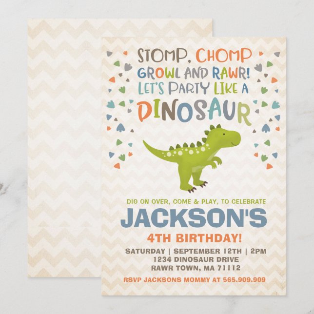Invitación de cumpleaños a dinosaurio Fiesta de di (Anverso / Reverso)