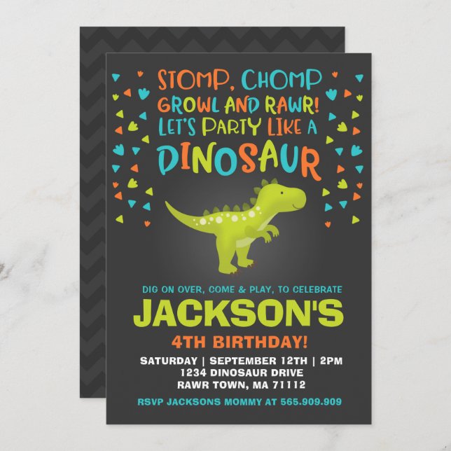 Invitación de cumpleaños a dinosaurios Fiesta de c (Anverso / Reverso)
