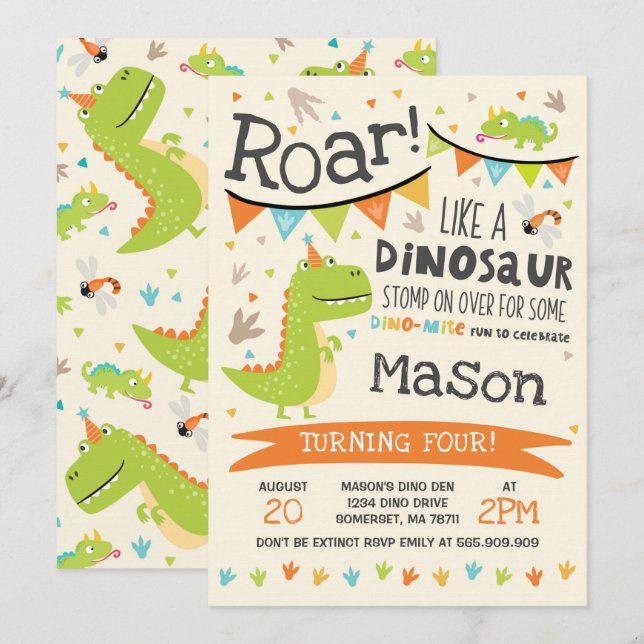 Invitación de cumpleaños a dinosaurios Fiesta de l (Anverso / Reverso)