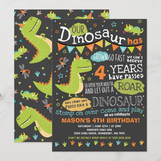 Invitación de cumpleaños a dinosaurios Fiesta de l (Anverso / Reverso)