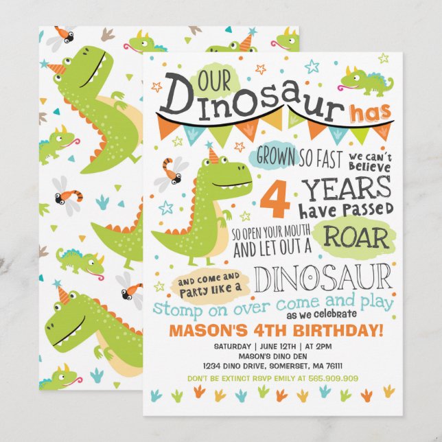 Invitación de cumpleaños a dinosaurios Fiesta de o (Anverso / Reverso)