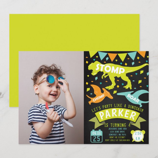 Invitación de cumpleaños a dinosaurios Foto de piz (Anverso / Reverso)