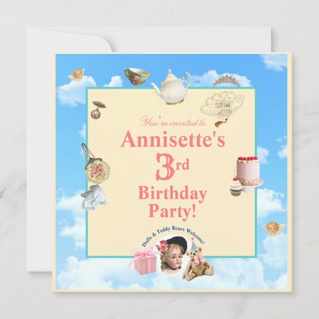 Invitación de cumpleaños a Dolly Tea Fiesta (Anverso)