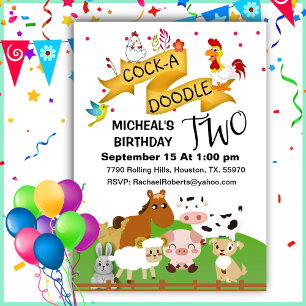 Invitación de cumpleaños a dos animales Cock-A-Doo