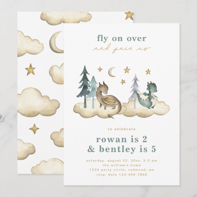 Invitación de cumpleaños a Dragones conjuntos | Co (Anverso / Reverso)