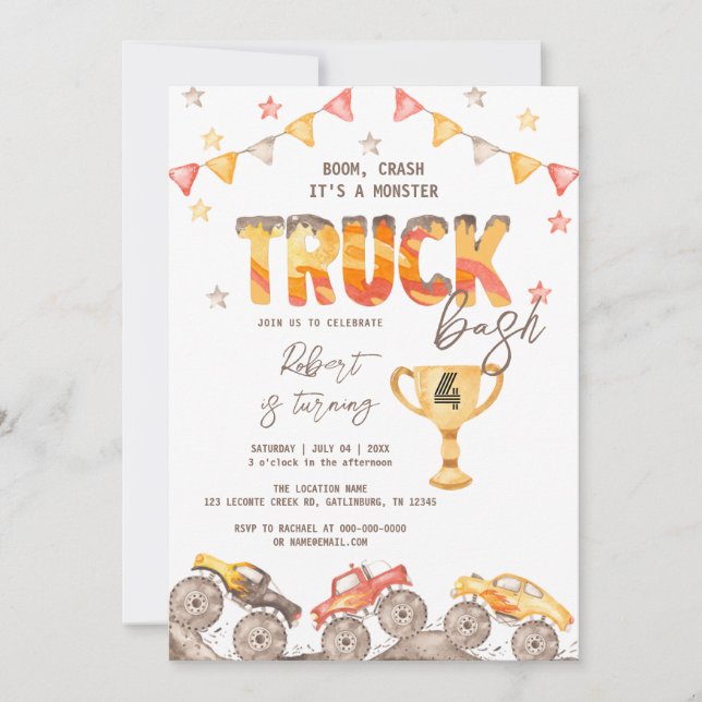 Invitación de cumpleaños a EDITABLE Monster Truck (Anverso)
