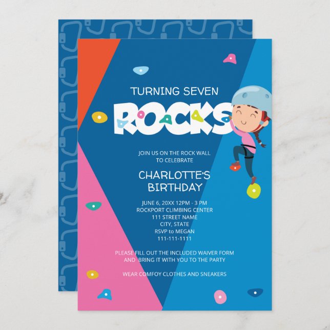 Invitación de cumpleaños a escalar rock Chica lind (Anverso / Reverso)