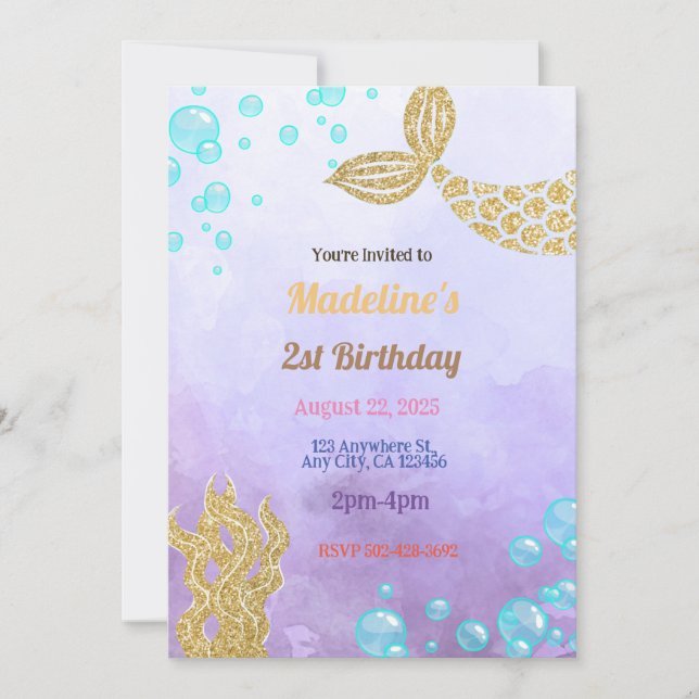 Invitación de cumpleaños a Fantasía Purple Mermaid (Anverso)